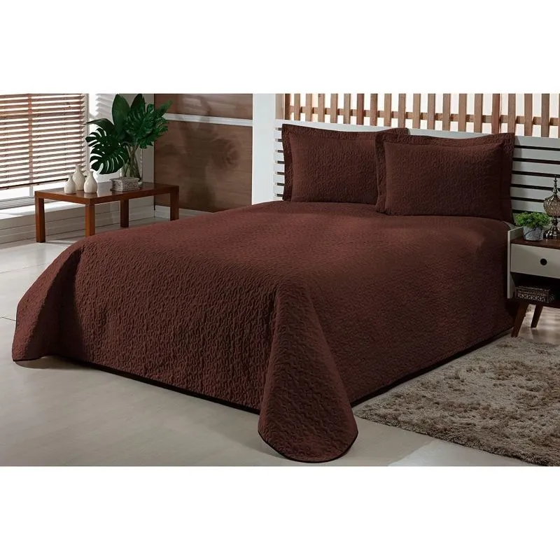 Cobre Leito Queen 3 Peças Colcha Poliéster Matelado Marrom