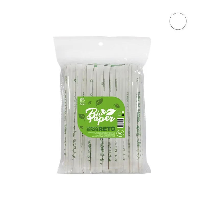 Canudo De Papel Reto 6mm Branco Com 100 Unidades Biopaper