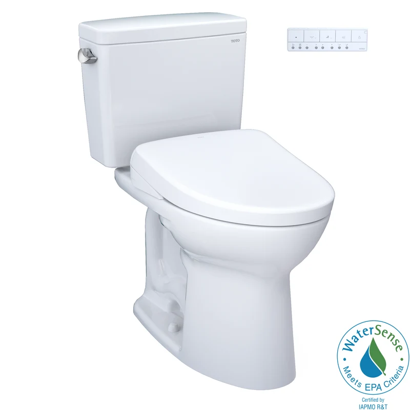 Toto Drake Two Piece Elongated Tornado Flush Universal Height Toilet with CEFIONTECT 1.28 GPF with Contemporary Washlet+ Auto Flush S7A Bidet Seat in Cotton White