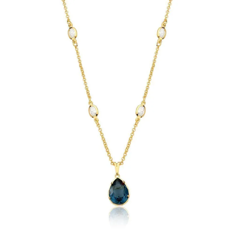 Colar Crystal Drop Blue Revestido Em Ouro