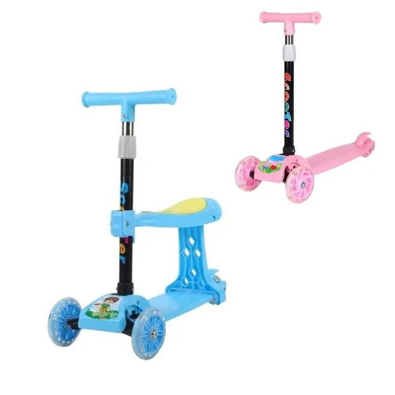 Patinete Infantil 3 Rodas Com Banco E Led 2 Em 1 Dobravel