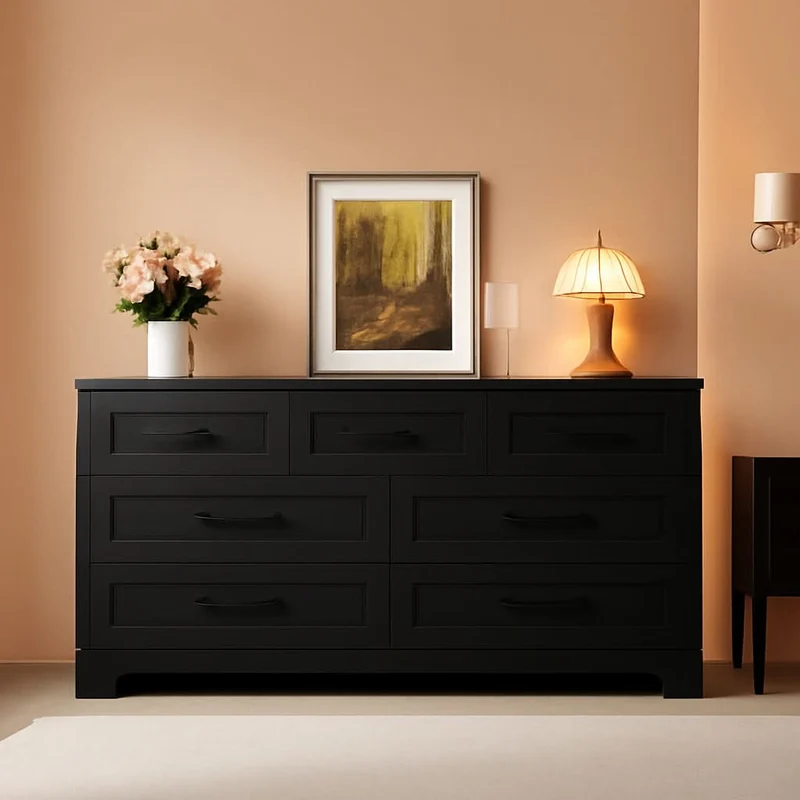 Seven Drawer Dresser For Bedroom Black Finish Storage Black