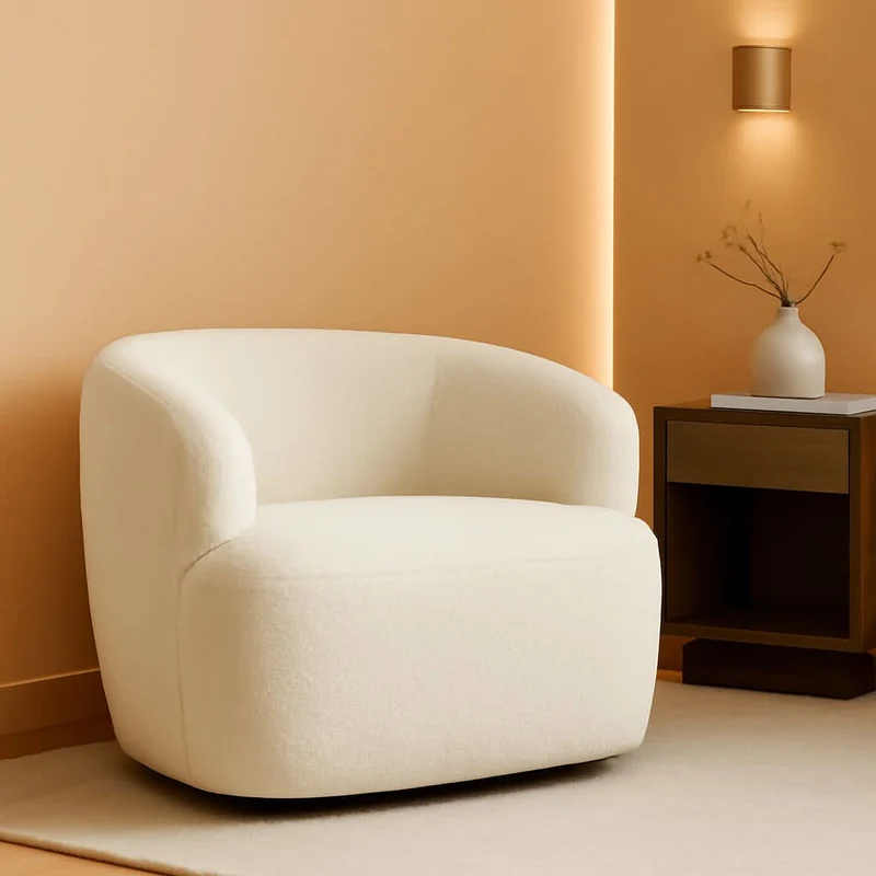 Beige Sherpa Boucle Swivel Barrel Chair Deluxe Premium Beige Cream White