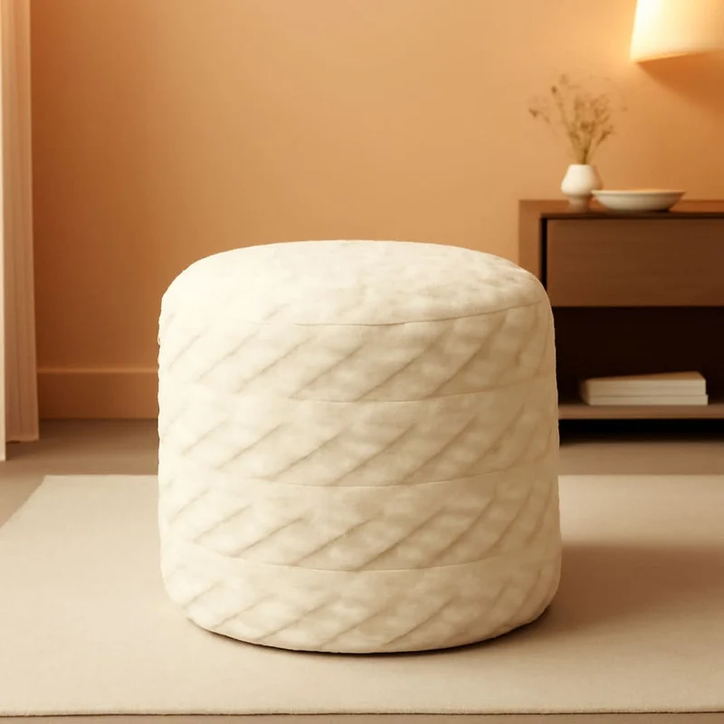 Beige Velvet Texture FauxFur Memory Foam Round Ottoman Beige / 20"D X 20"W X 16"H