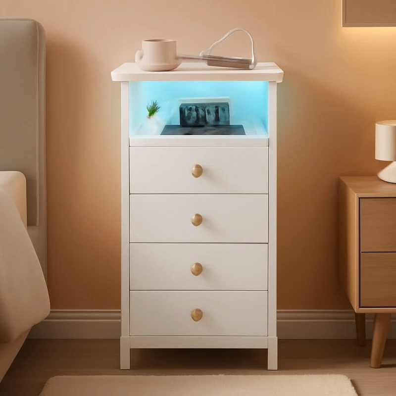 LED Narrow Nightstand With Wireless Charging White White
