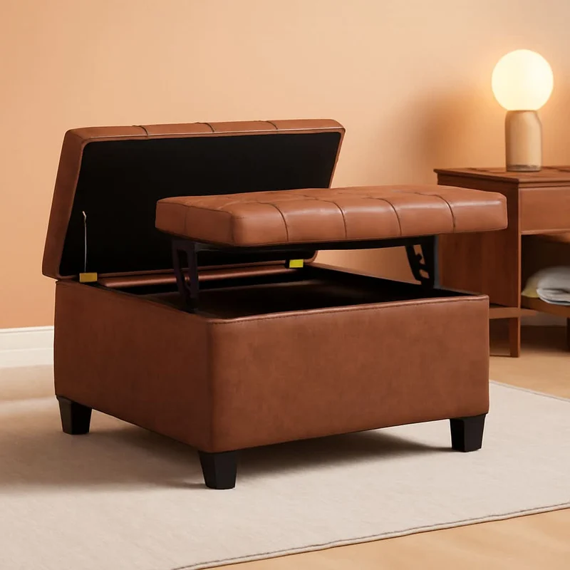 Storage Ottoman 30 Inch Distressed Saddle Brown Leatherette Distressed Saddle Brown / 30 Inch Faux Leather Ottoman