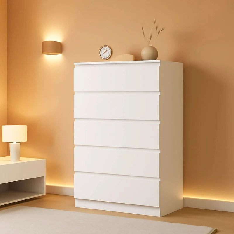 White Contemporary Solid Wood Dresser Five Drawers White / 15.6"D X 40.6"W X 23.6"H (5 Drawers)
