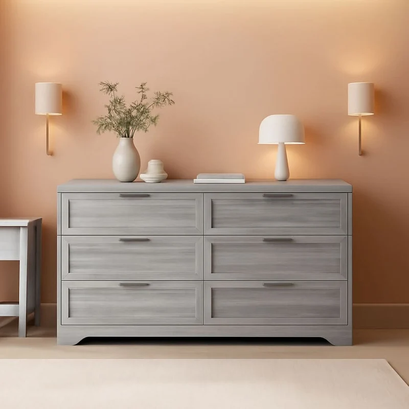 Wash Grey Six Drawer Contemporary Hardwood Dresser Wash Grey