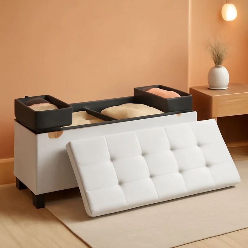 Cloud White Leatherette Storage Ottoman Bench 15x43 Cloud White / 15"D X 43"W X 15.7"H