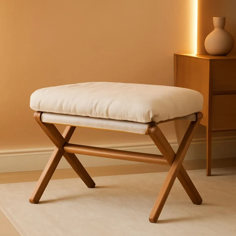 Bamboo Foldable Ottoman Foot Rest Beige Upholstered Beige 2