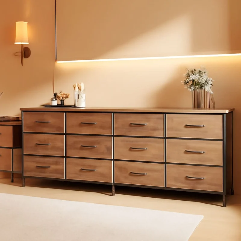 Ultralong 78Inch Dresser With Fifteen Storage Drawers Rustic Brown