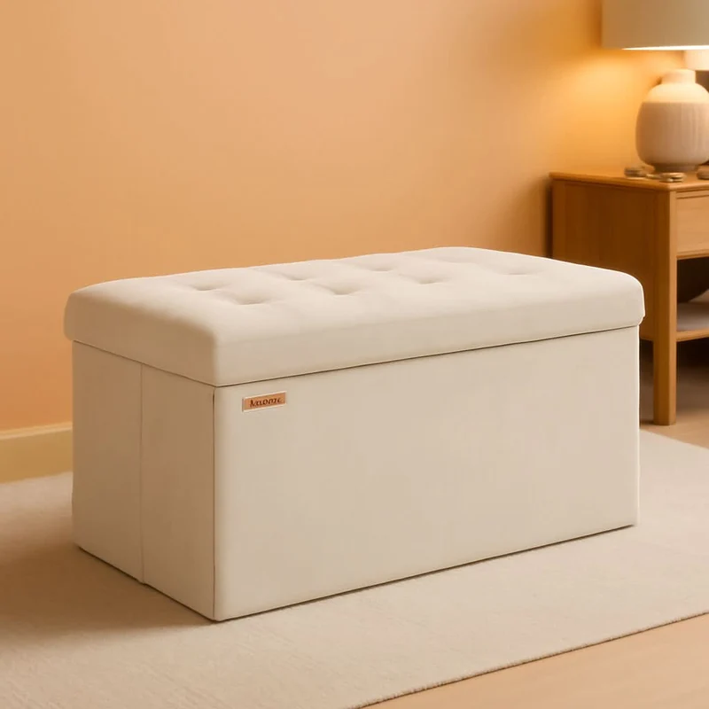 Cream White Foldable Storage Ottoman Bench 15x30x15 Cream White / 15"D X 30"W X 15"H