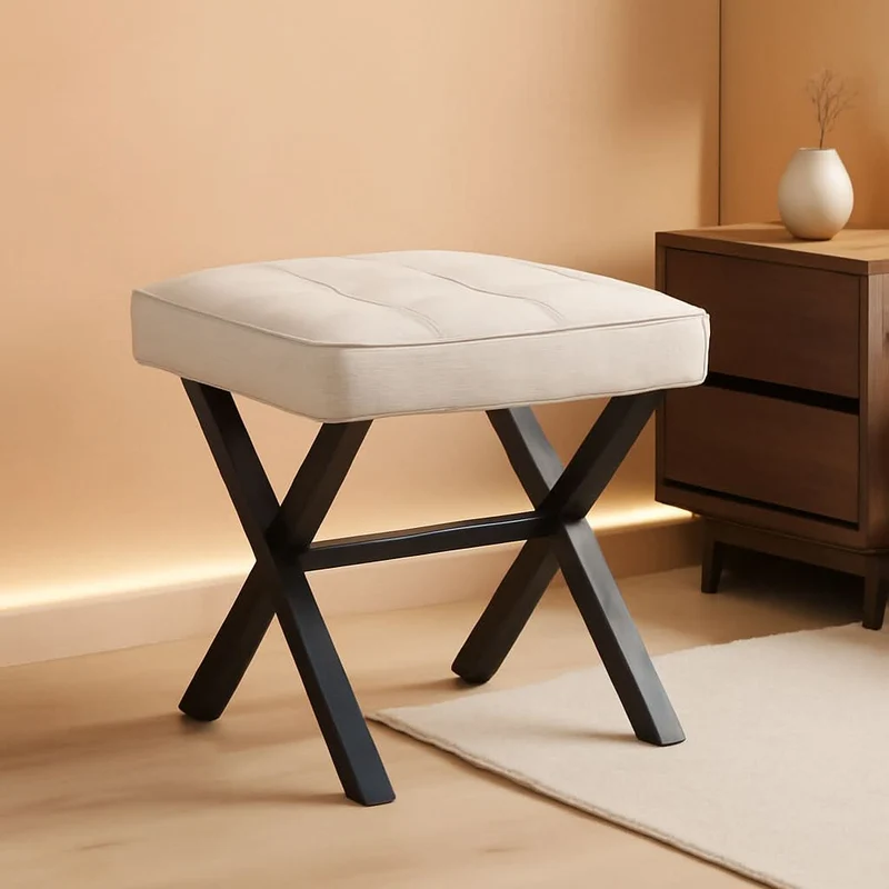 Linen Vanity Ottoman Foot Stool 16.9x12.9x18 Inches Linen Color-Black Legs / Linen