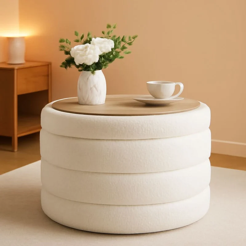 Round Sherpa Boucle Storage Ottoman White 22 Inches White / 22X22X15.7 Inches