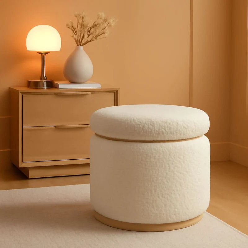 Cream Sherpa Deluxe Storage Ottoman Solidwood Base