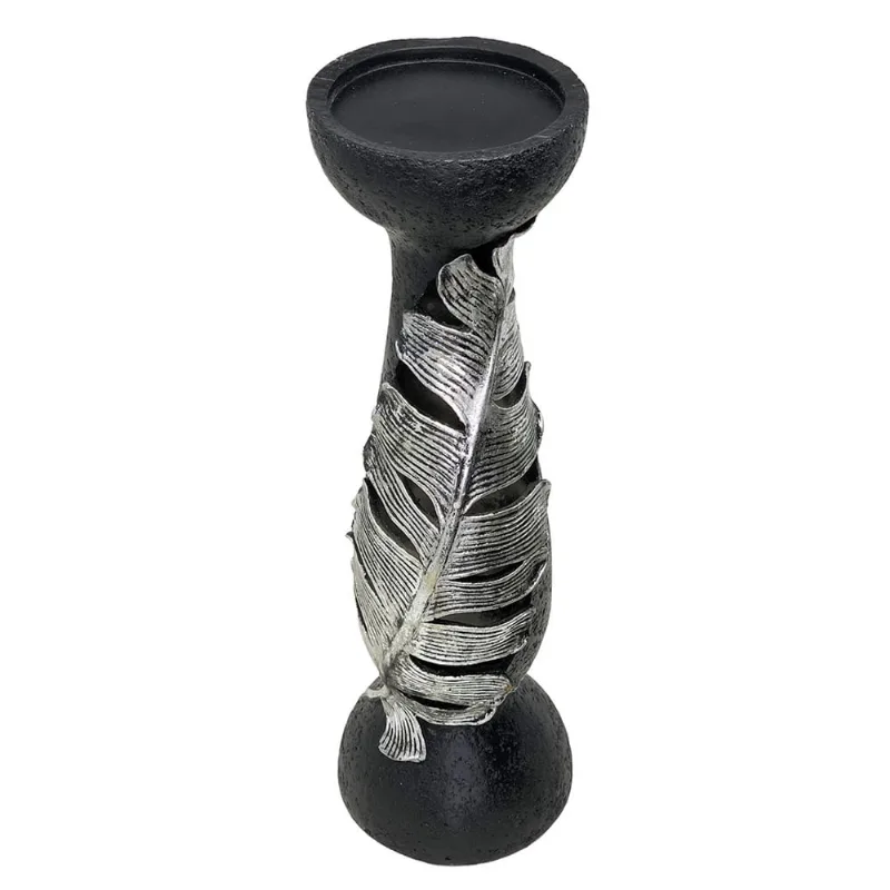 Castiçal Em Poliresina Preto Design Pena Prateada 35cm Decoração Velas Sala Mesa Posta Presente