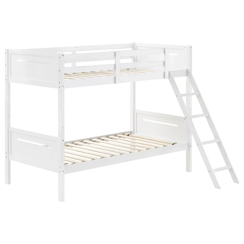 Bunk Bed With Built In Ladder, Safety Guardrails And Angled Access Step White / Twin over Twin