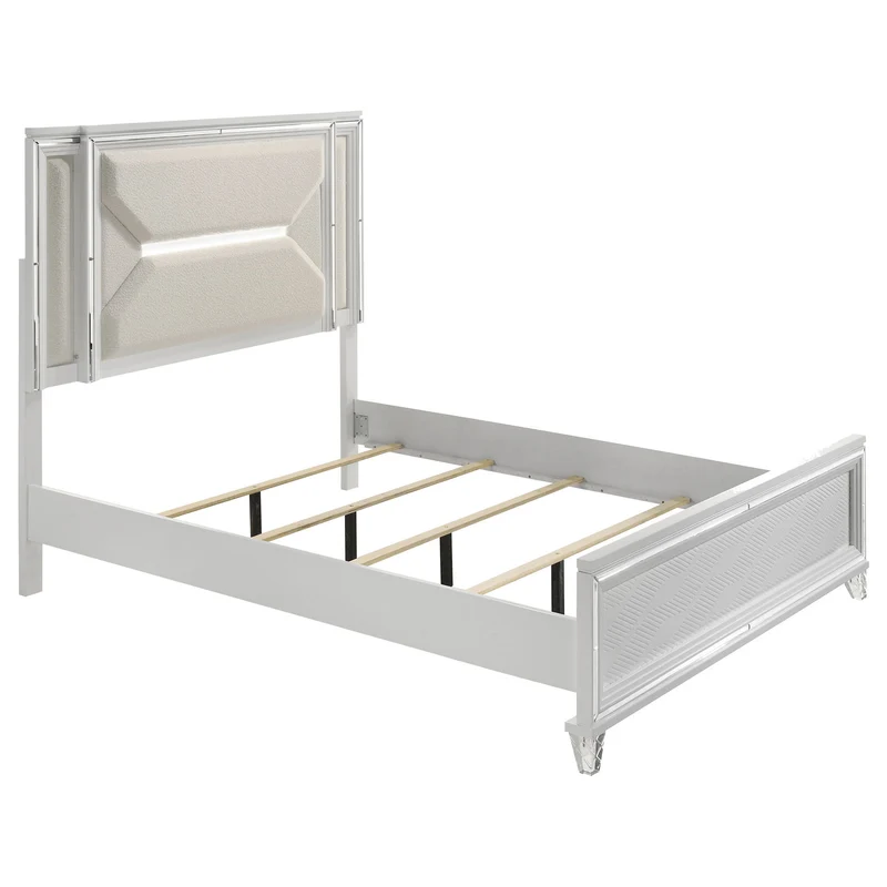 Modern Bedroom Set With LED Lighting White / 4 Pc. Bed, Nightstand, Dresser, Mirror / Queen
