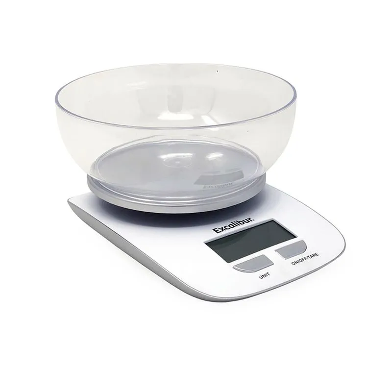 Balança Digital Cozinha Excalibur com Suporte Bacia Alta Precisão Capacidade 5kg Pesar Recitas Líquidos Farinhas Alimentos Marmitas Dietas