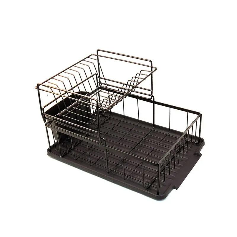 Escorredor de Louças Cozinha 9 Pratos Duplo Marrom Porta Talheres Secador Pia Bandeja Coletora de Água Aço Inox Epicure Joseph Marcus