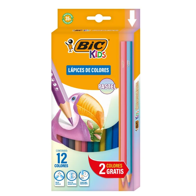Lápices de Colores Bic Kids Pastel 14 Piezas | Tonos Suaves | Uso Escolar