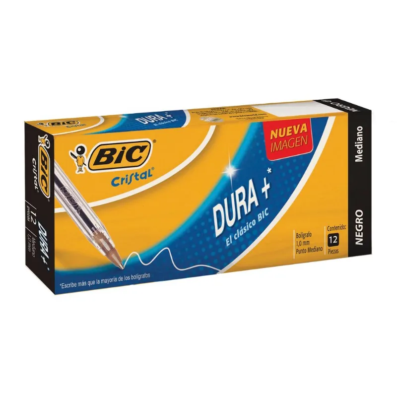 Caja de Bolígrafos | Bic Cristal Dura+ | Negro Medio | 12 Piezas