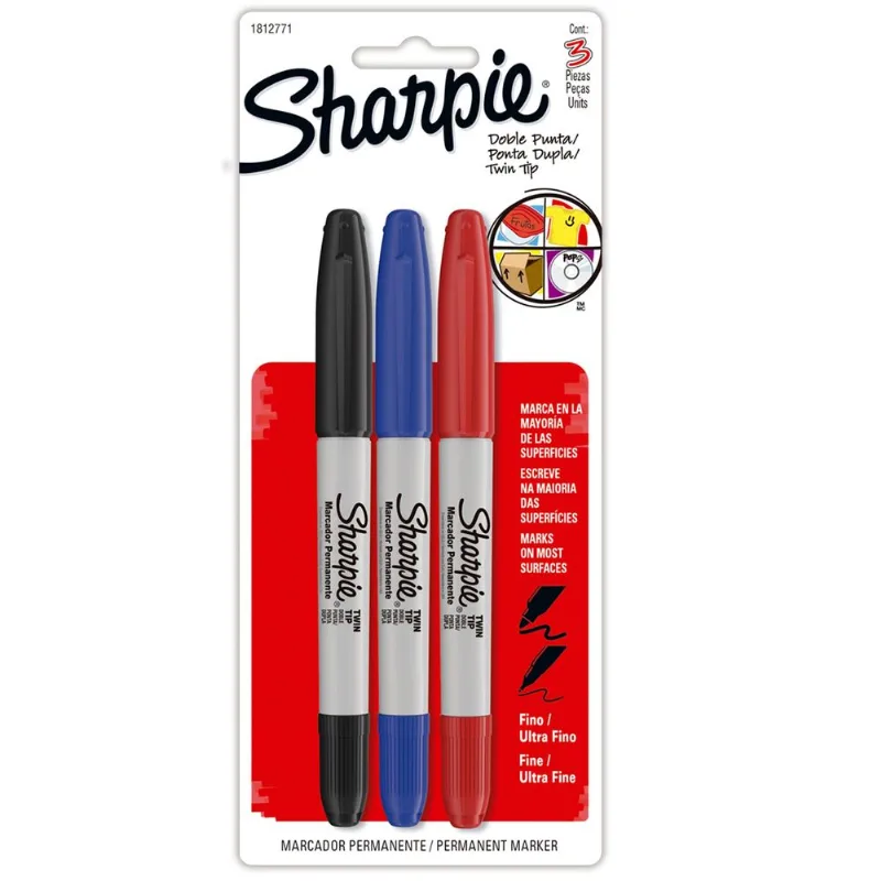 Marcadores | Sharpie | Doble Punta Fina | Negro, Azul y Rojo | 3 Piezas