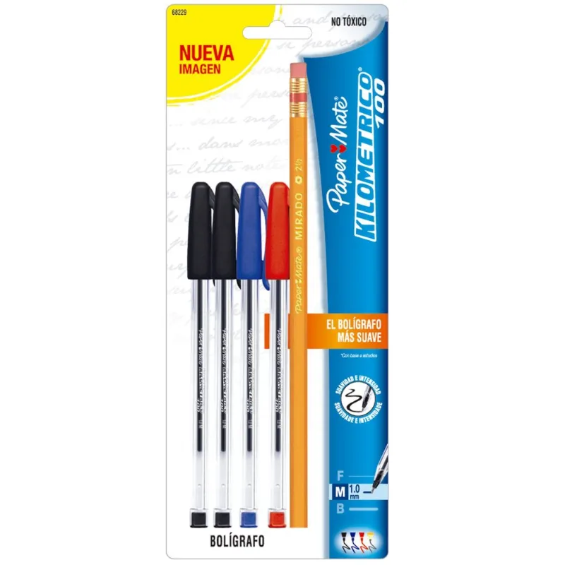 Bolígrafos | Paper Mate Kilométrico 100 | Multicolor Medio | 4 Piezas y Lápiz