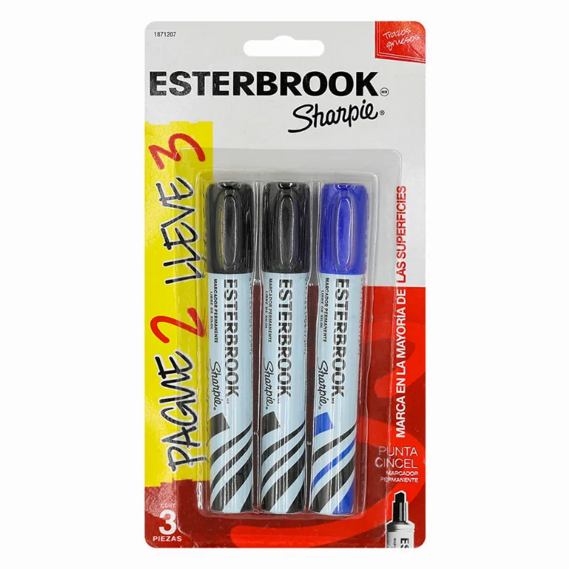 Marcadores Permanentes | Sharpie Esterbrook | Punta Cincel | 3 Piezas
