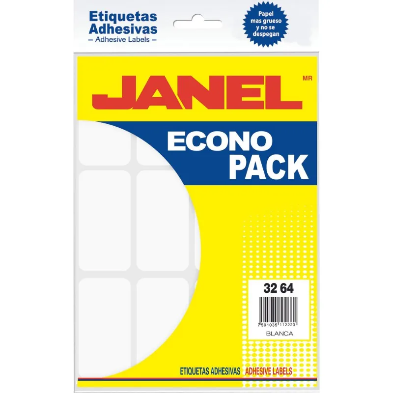 Etiquetas Adhesivas Blancas 144 Etiquetas | Janel | 32 x 64 mm | Uso Comercial