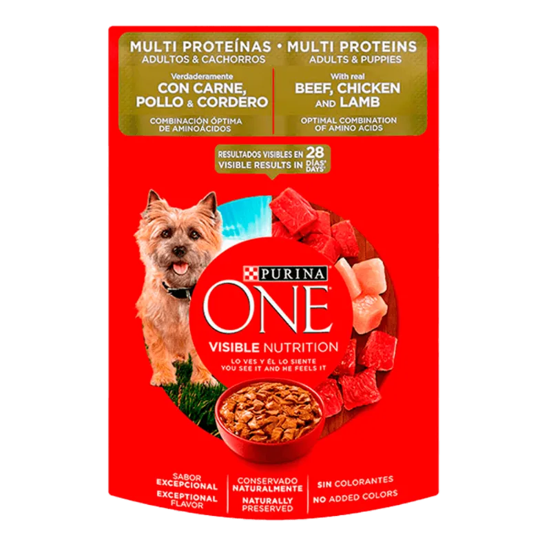 Alimento para Perro Purina One|Adulto Multi Proteínas Carne, Pollo y Cordero Pouch|85 g|3 oz