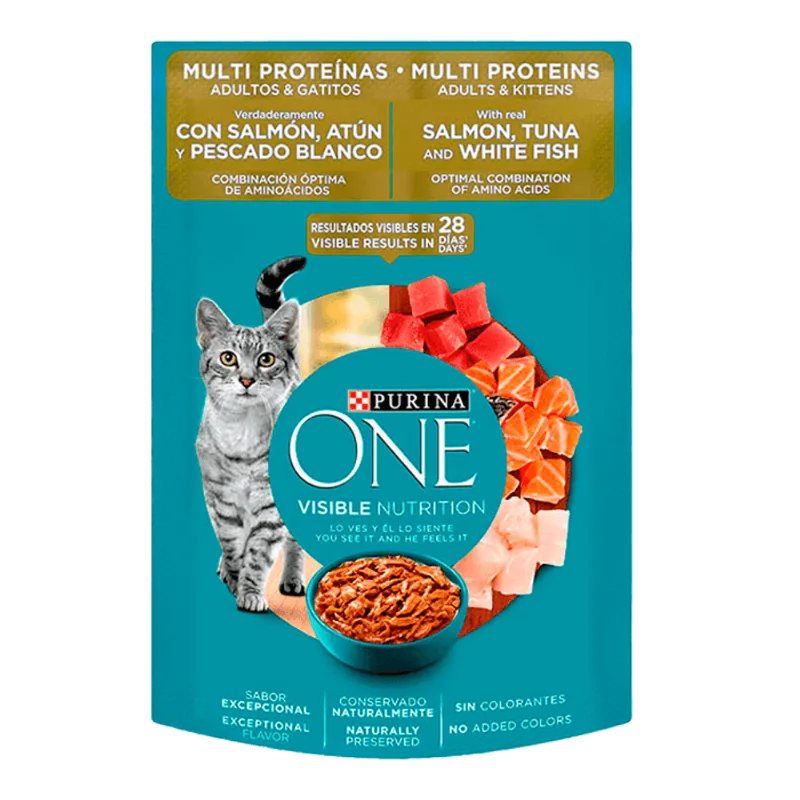 Alimento para Gato Purina One|Adult Multi Proteínas Salmón, Atún y Pescado Pouch|85 g|3 oz