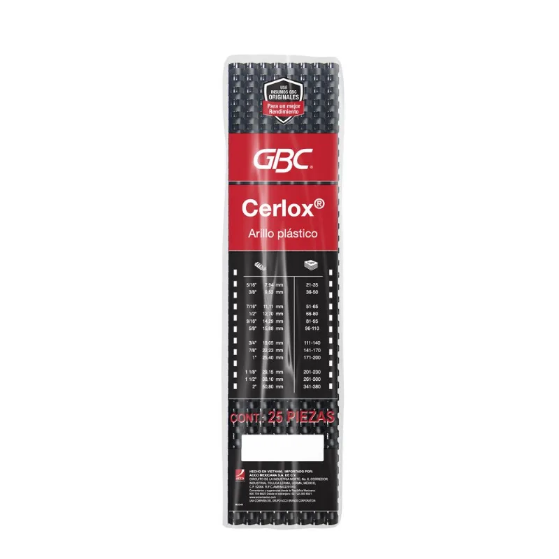 Arillo Plástico Acco GBC Cerlox 38 Aros Negro 3/8" 25 piezas