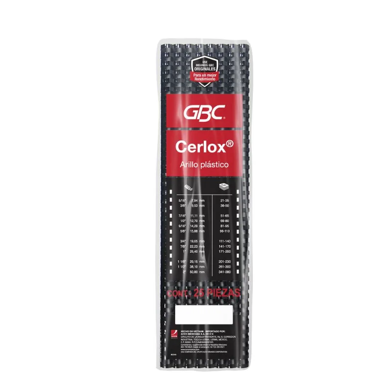 Arillo Plástico Acco GBC Cerlox 38 Aros Negro 1/2" 25 piezas