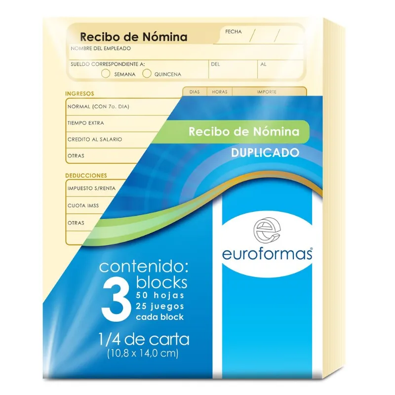 Recibos de Nómina | Euroformas | Original y Copia | 3 Blocs con 25 Juegos