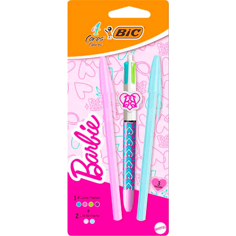 Kit Caneta Bic Barbie 4 Cores + 2 Cristal