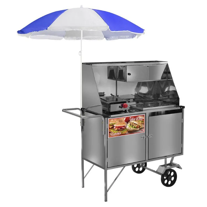 Carrinho 2 Em 1 Cefaz Hot Dog E Lanche Luxo Inox Com Rodas Maciças E Guarda Sol L09m/gs