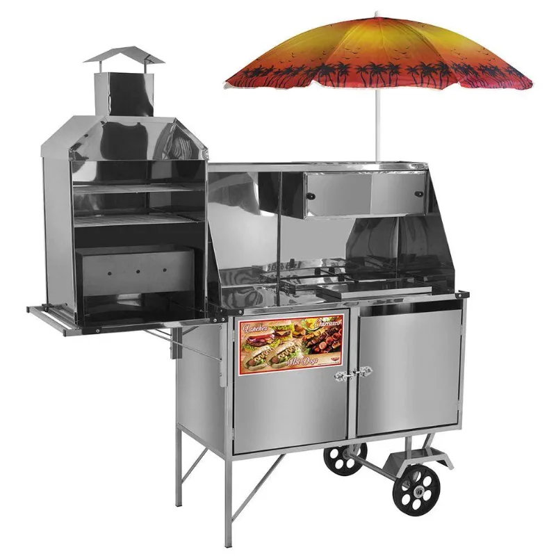 Carrinho 3 Em 1 Cefaz Hot Dog, Lanche E Churrasco Luxo Inox Rodas Maciças E Guarda Sol Lc11m/gs