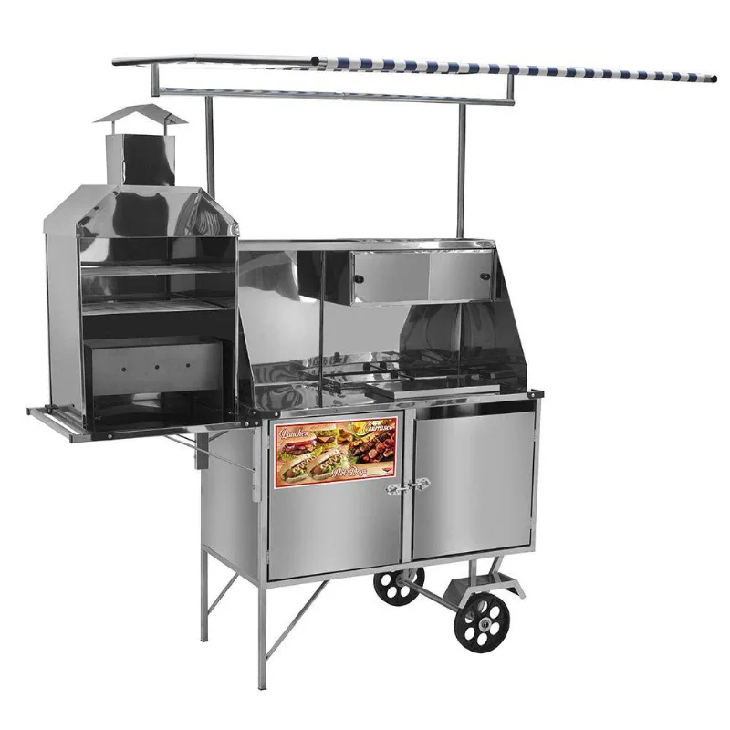 Carrinho 3 Em 1 Cefaz Hot Dog, Lanche E Churrasco Luxo Inox Rodas Maciças E Toldo Lc11m/t