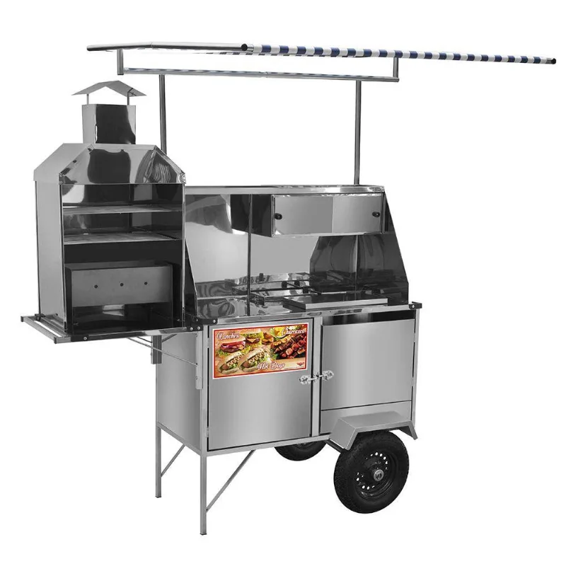 Carrinho 3 Em 1 Cefaz Hot Dog, Lanche Churrasco Luxo Inox Rodas Pneumáticas E Toldo Lc12p/t