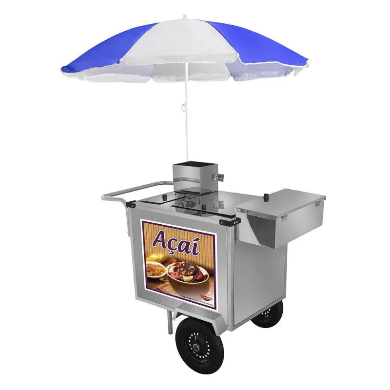 Carrinho De Açai Cefaz Luxo Em Inox Com Rodas Pneumáticas E Guarda Sol L16p/gs