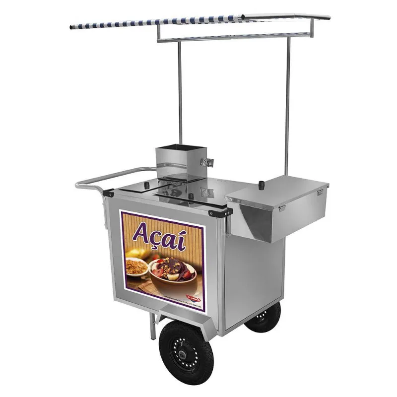 Carrinho De Açaí Cefaz Luxo Em Inox Com Rodas Pneumáticas E Toldo L16p/t