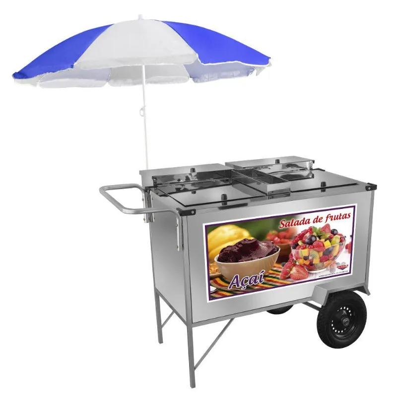 Carrinho 2 Em 1 Cefaz Salada De Frutas E Açaí Luxo Inox Rodas Pneumáticas E Guarda Sol L18p/gs