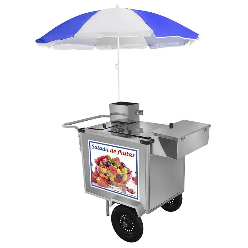 Carrinho De Salada De Frutas Cefaz Luxo Inox Com Rodas Pneumáticas E Guarda Sol L27p/gs