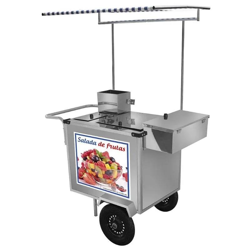 Carrinho De Salada De Frutas Cefaz Luxo Inox Com Rodas Pneumáticas E Toldo L27p/t
