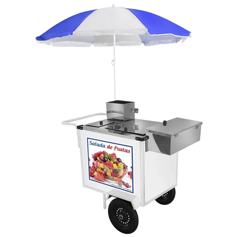 Carrinho De Salada De Frutas Cefaz Luxo Branco Com Rodas Pneumáticas E Guarda Sol Bl27p/gs