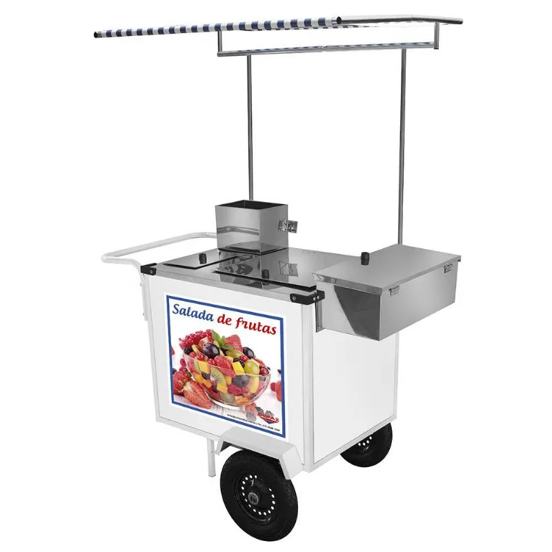 Carrinho De Salada De Frutas Cefaz Luxo Branco Com Rodas Pneumáticas E Toldo Bl27p/t