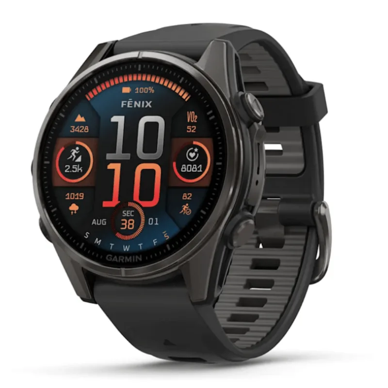 Relógio Garmin Fenix 8S Safira Carbon Gray DLC Titânio com Pulseira de Silicone Preta com Cinza