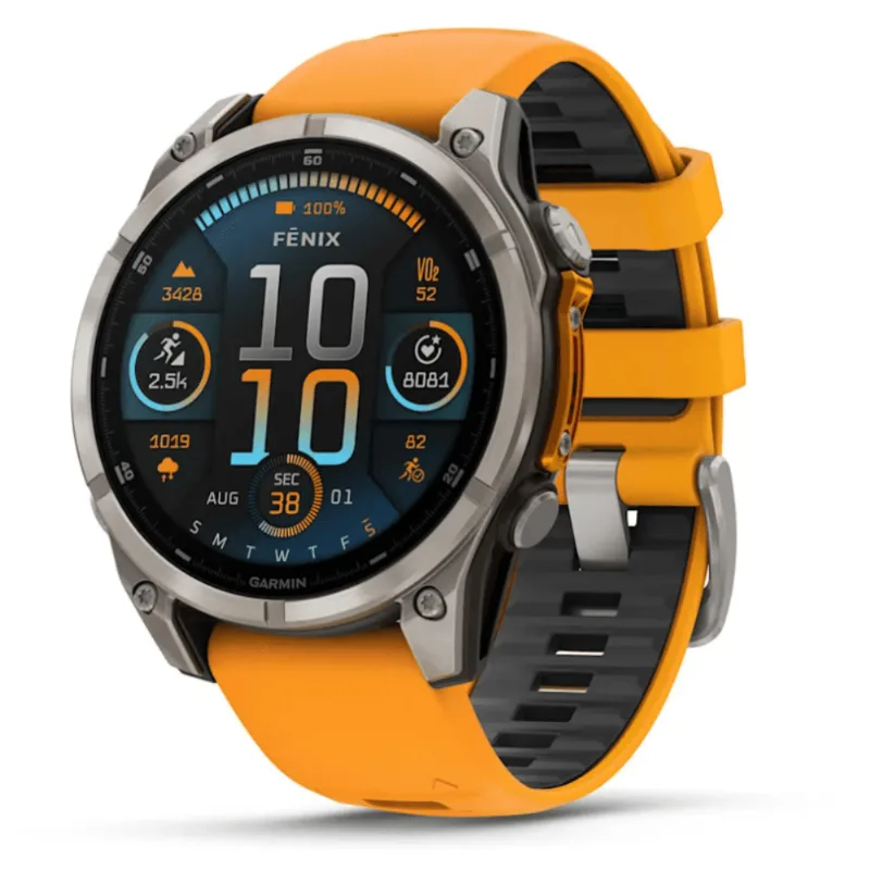 Relógio Garmin Fenix 8 Safira Titânio Pulseira de Silicone Laranja com Grafite