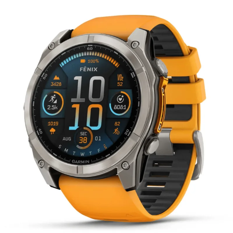 Relógio Garmin Fenix 8X Safira Titânio com Pulseira de Silicone Laranja com Grafite
